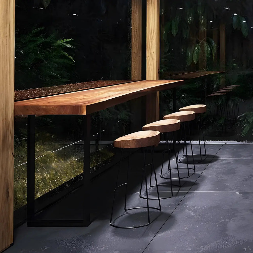 Scandinavian Brown Wooden Black Metal Base Bar Tables