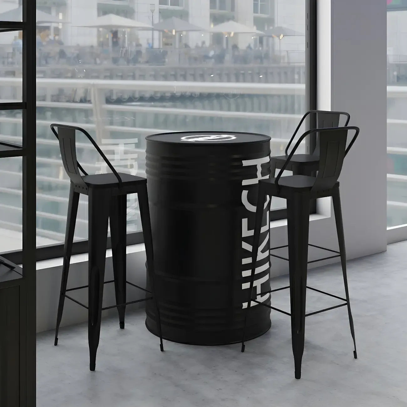 Industrial Black Metal Drum Bar Tables