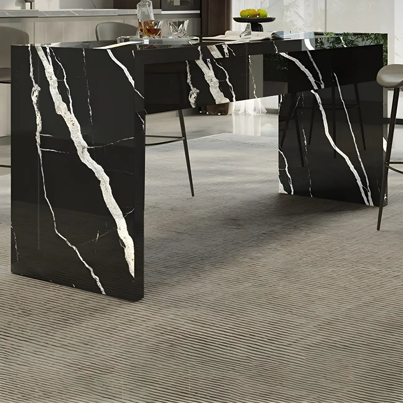 Elegant Black Marble Double Pedestal Bar Table