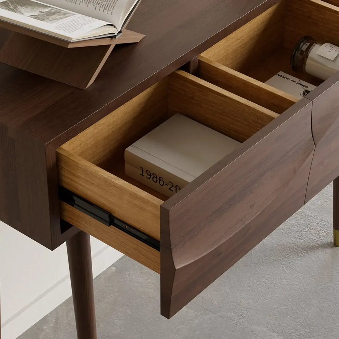 Retro Wave Carved Walnut Wooden 3 Drawers Console Table