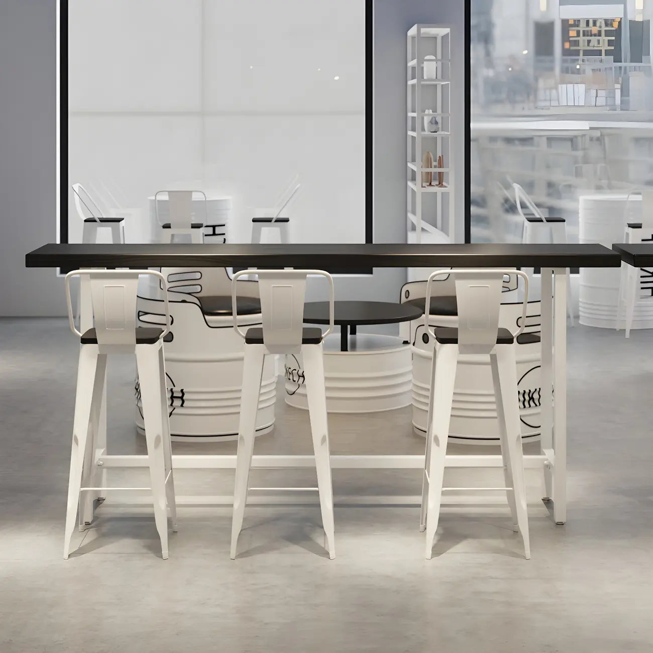 Industrial Black Wood Top Metal Trestle Base Bar Table