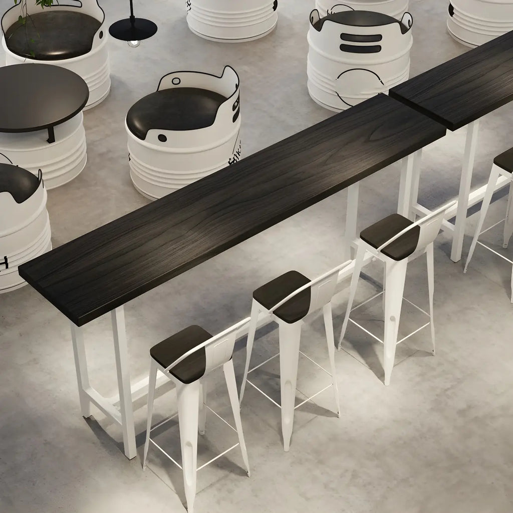 Industrial Black Wood Top Metal Trestle Base Bar Table