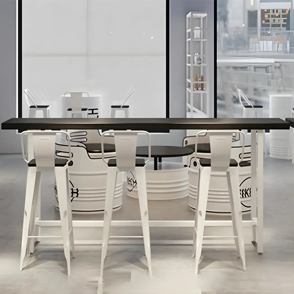 Industrial Black Wood Top Metal Trestle Base Bar Table