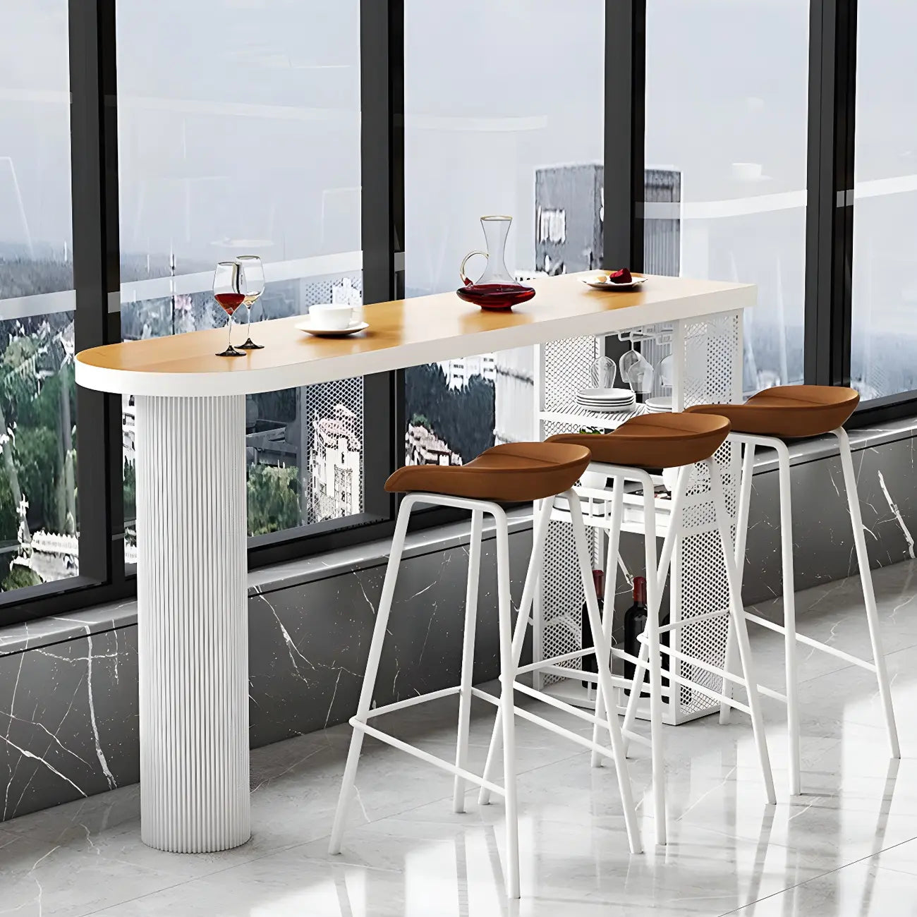 Glam Brown Wooden Free Form White Iron Storage Bar Tables
