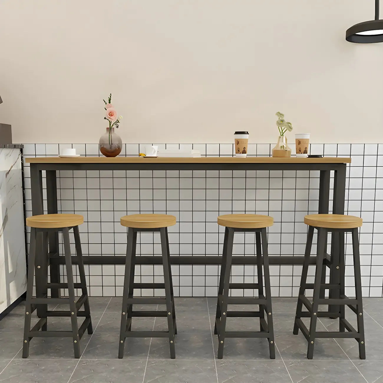 Rectangular Natural Wood Metal Trestle Bar Tables