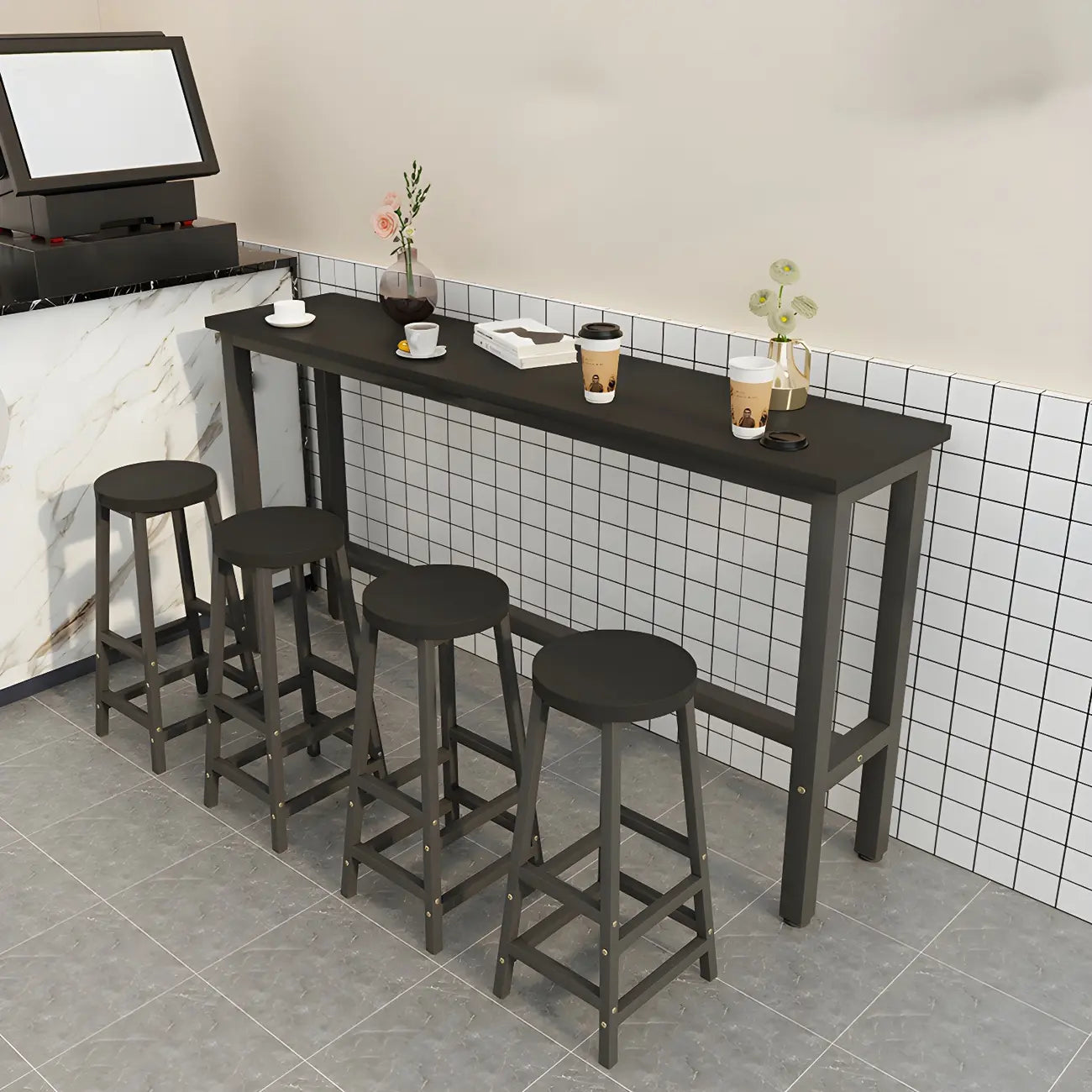 Rectangular Natural Wood Metal Trestle Bar Tables