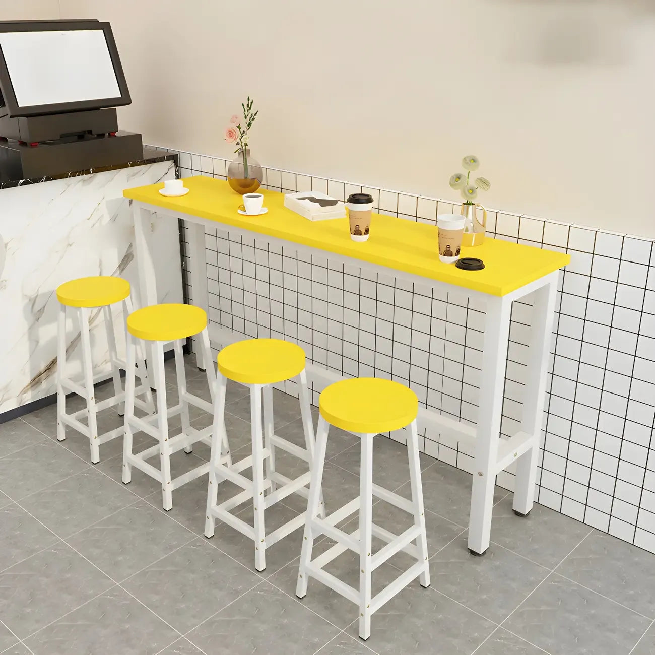 Rectangular Natural Wood Metal Trestle Bar Tables