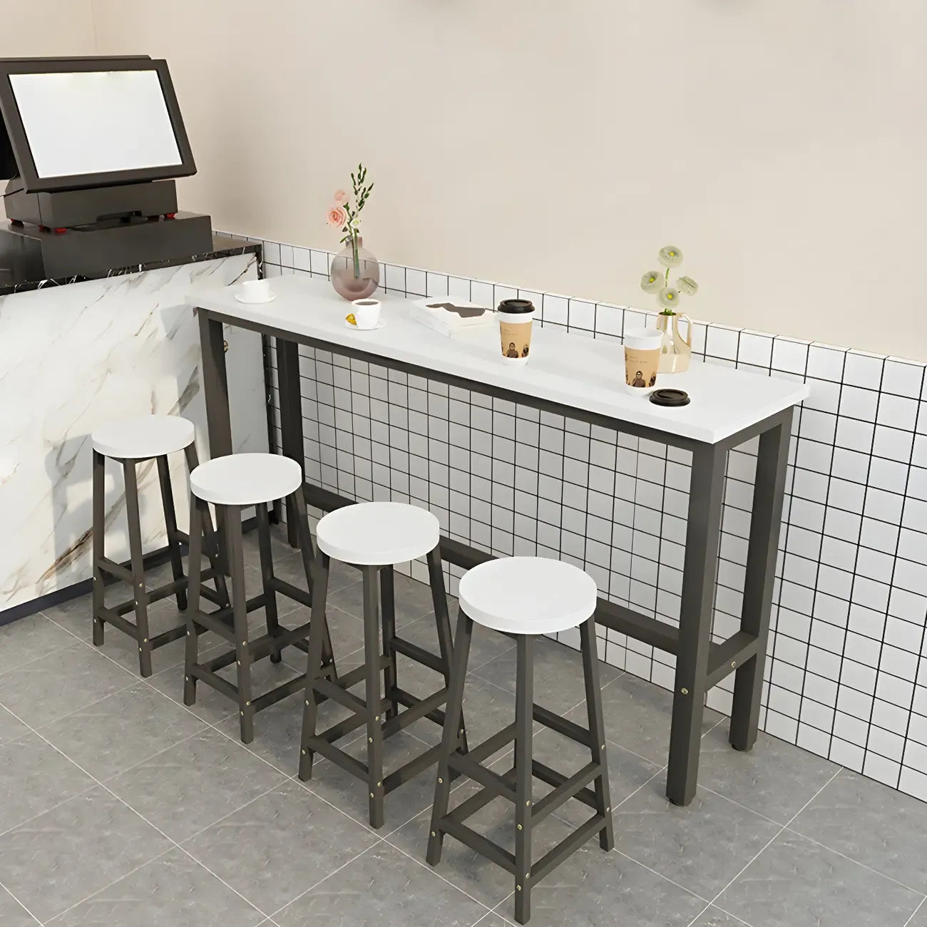 Rectangular Natural Wood Metal Trestle Bar Tables