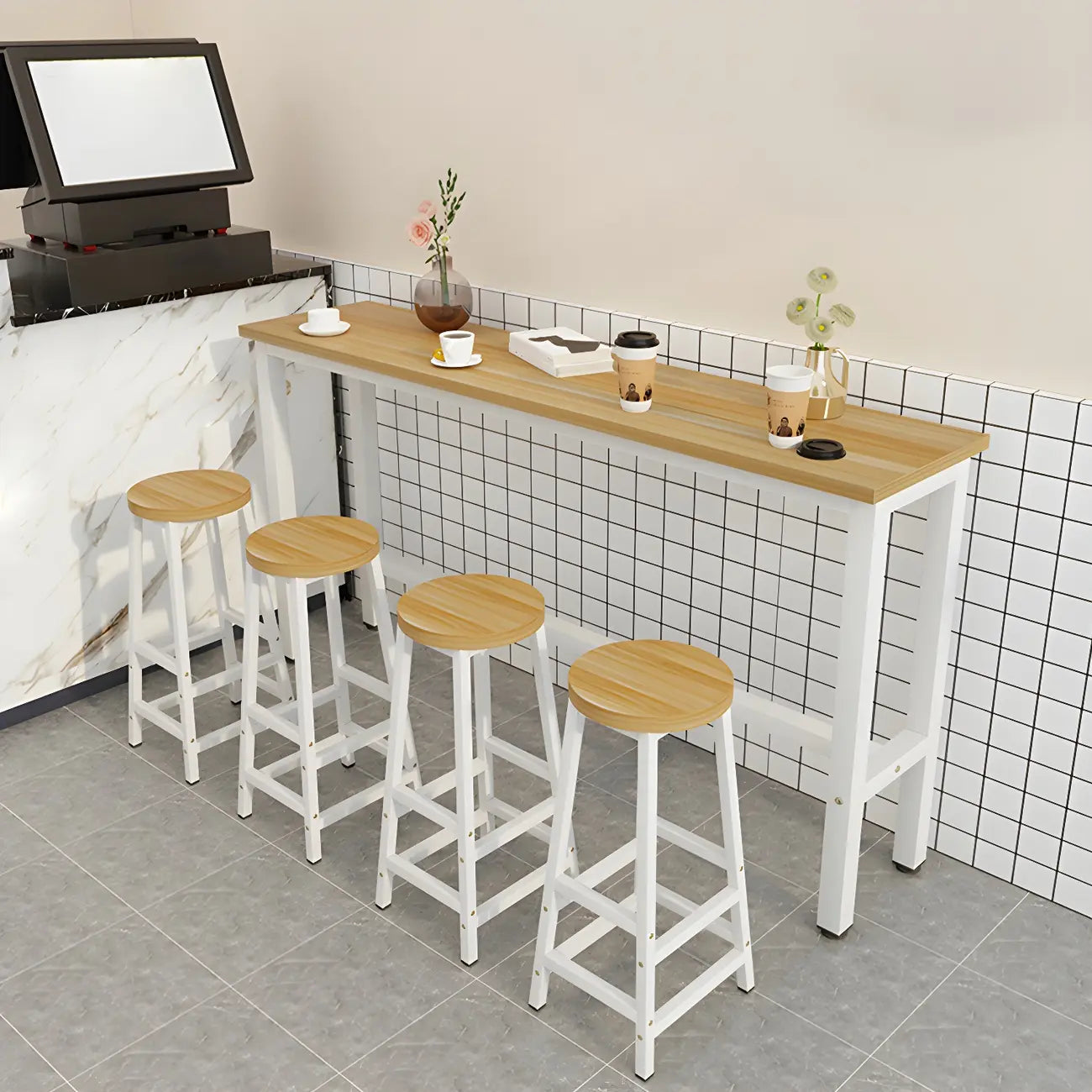 Rectangular Natural Wood Metal Trestle Bar Tables