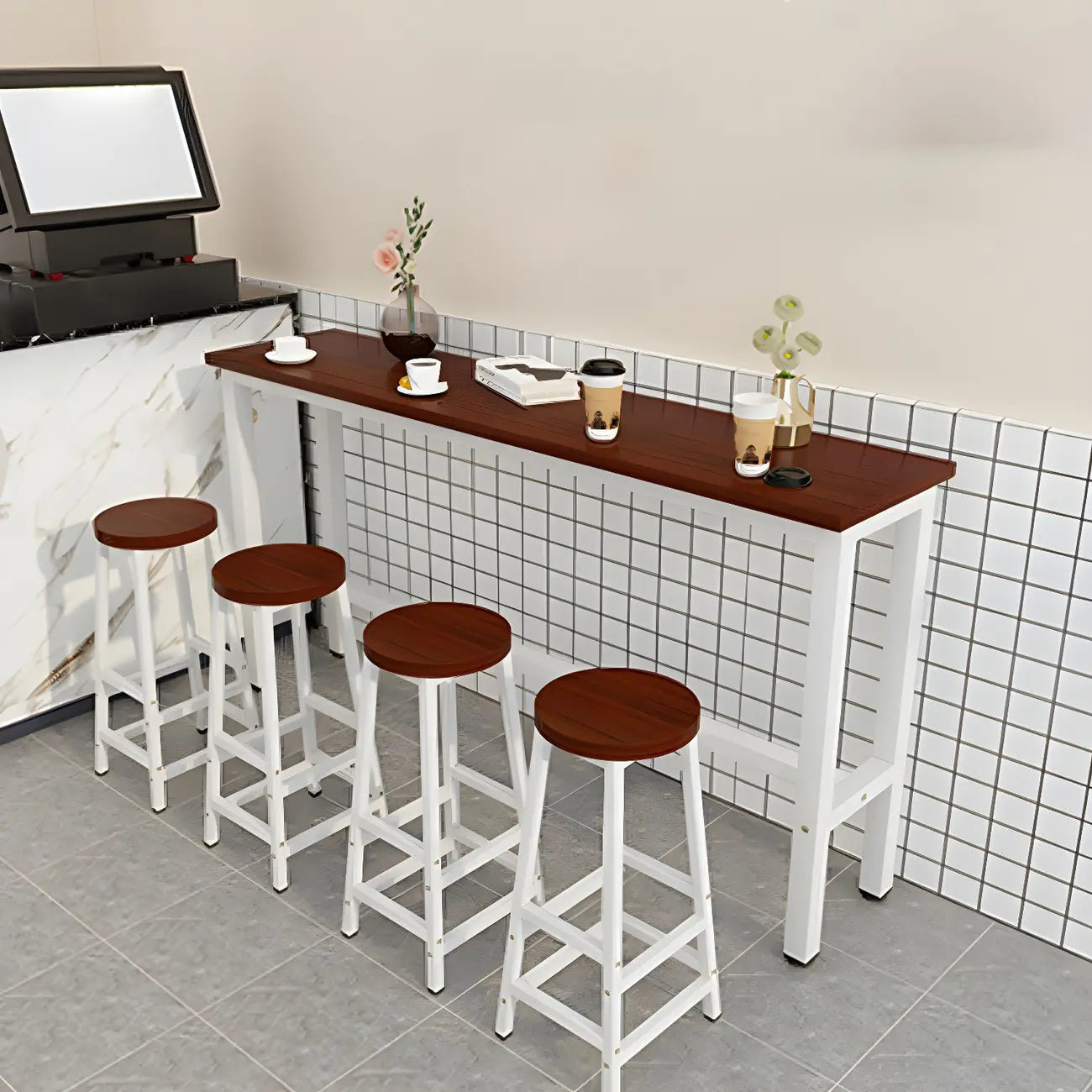Rectangular Natural Wood Metal Trestle Bar Tables