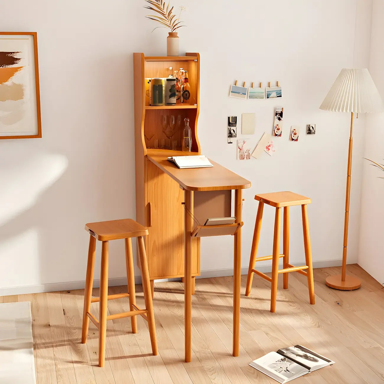 Scandinavian Natural Cherry Wood Storage Bar Tables