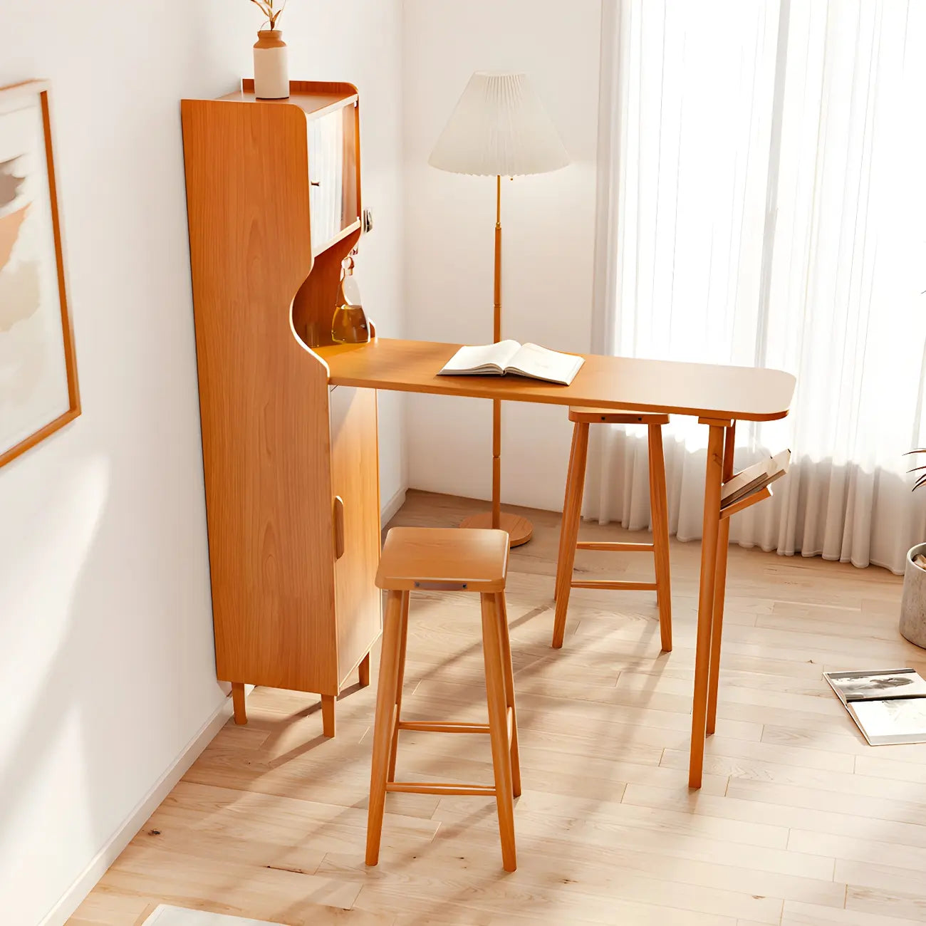 Scandinavian Natural Cherry Wood Storage Bar Tables