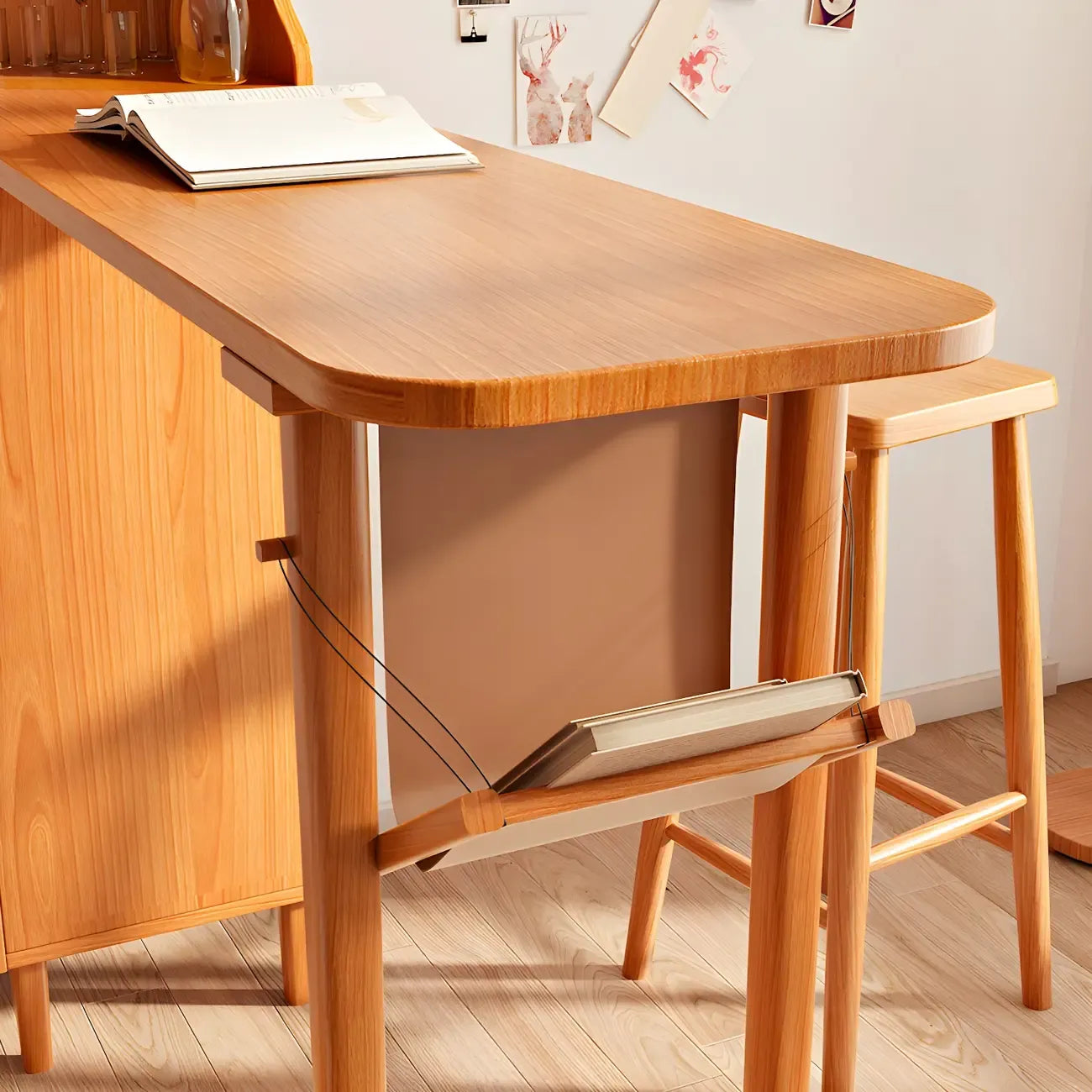 Scandinavian Natural Cherry Wood Storage Bar Tables