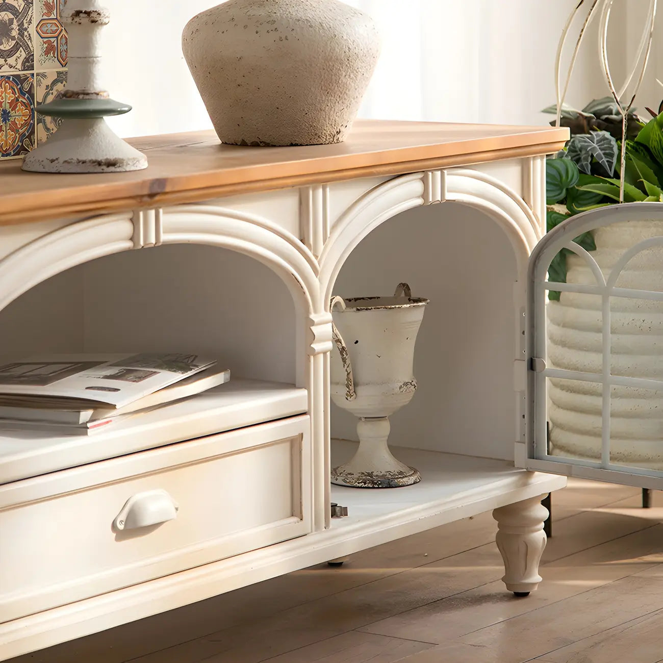 59 French Country Arched White Wood TV Stand with Storage
