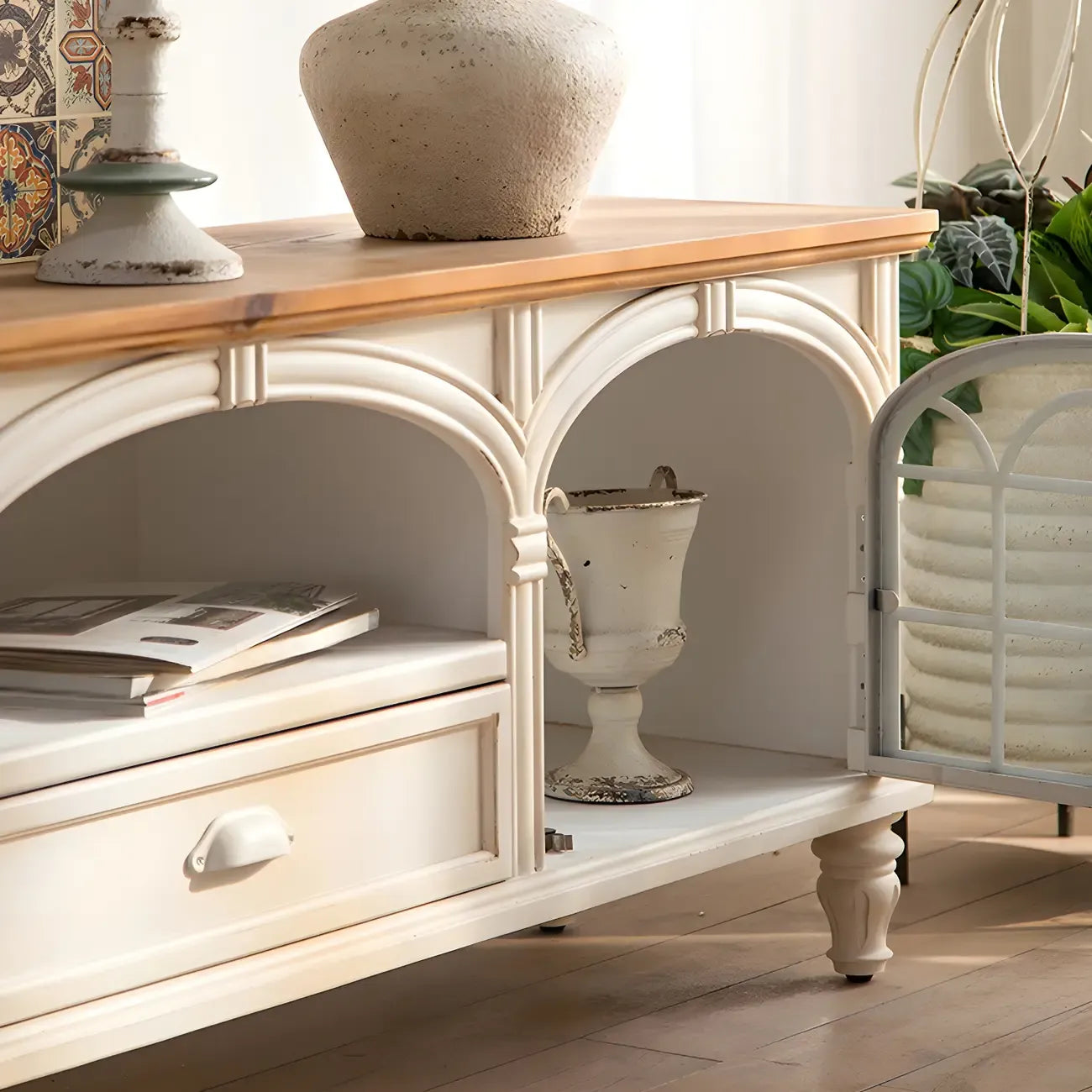 59 French Country Arched White Wood TV Stand with Storage