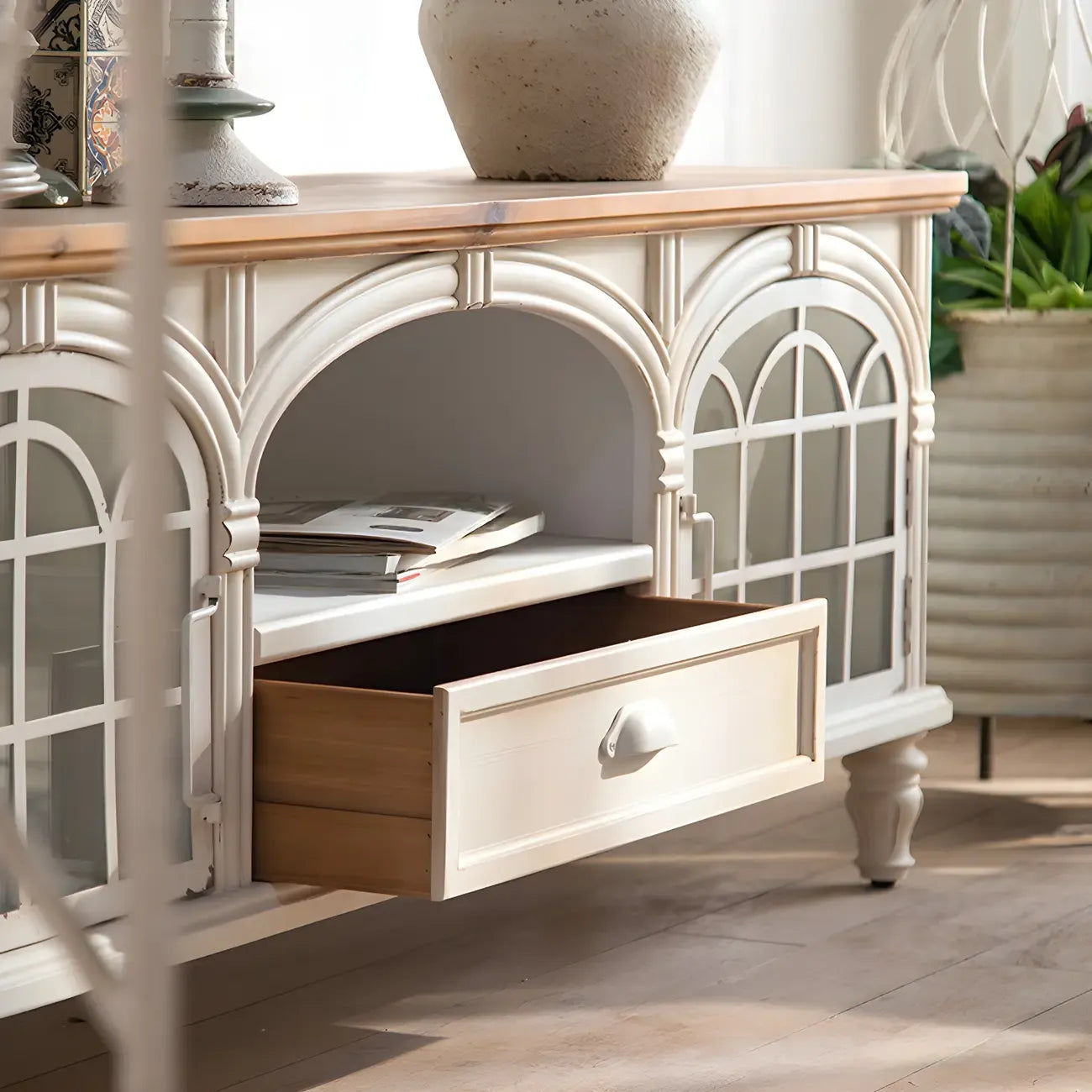 59 French Country Arched White Wood TV Stand with Storage