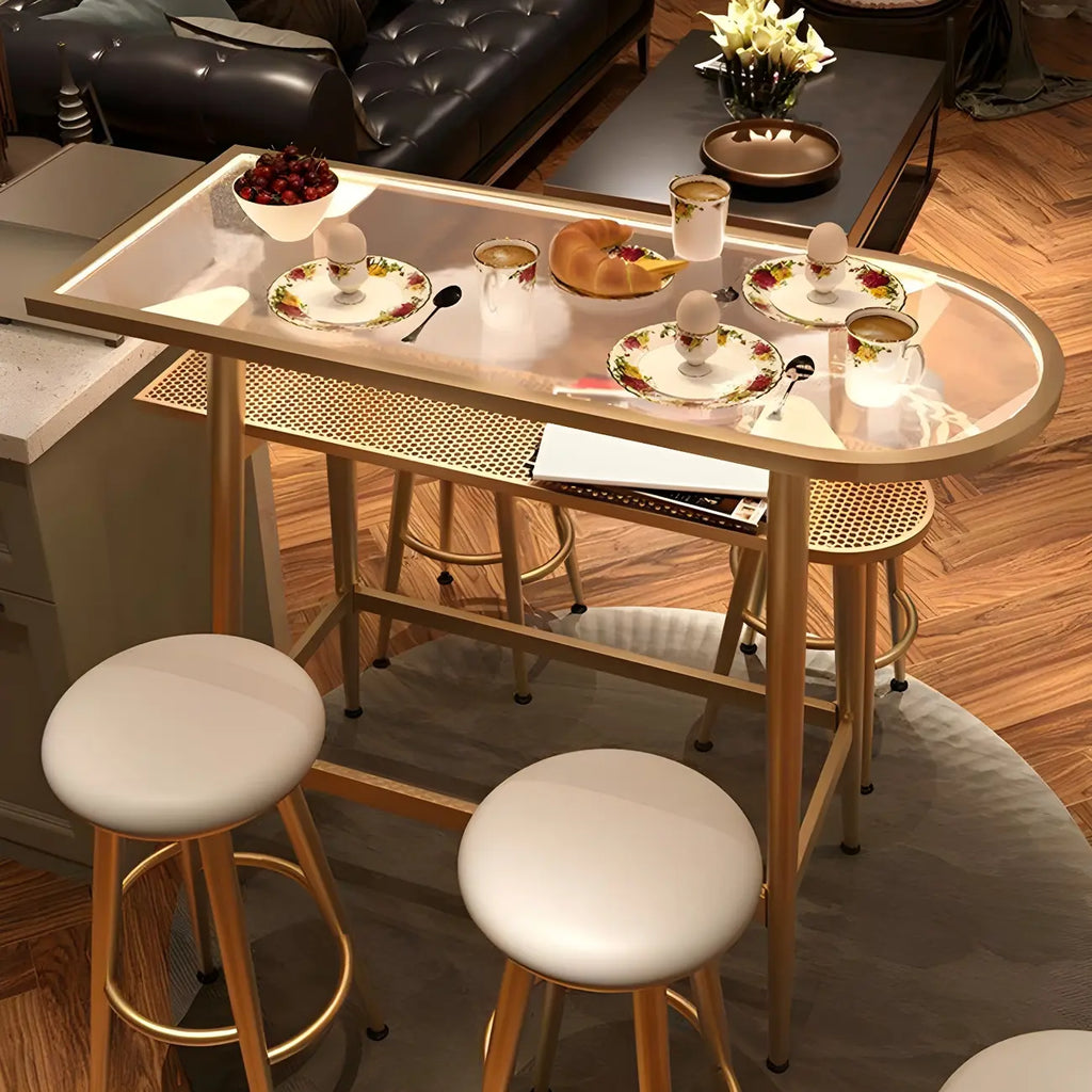 Compact Clear Glass Gold Metal Shelf Free Form Bar Tables