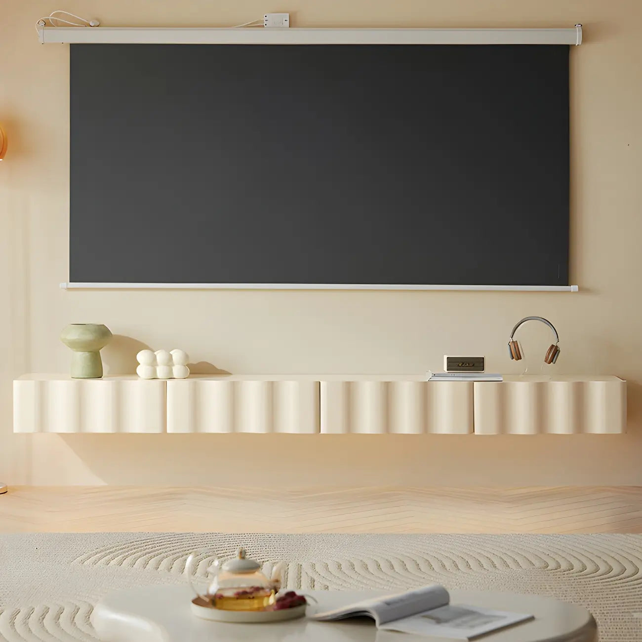 Contemporary White Wood Floating Wave TV Stand with Drawers