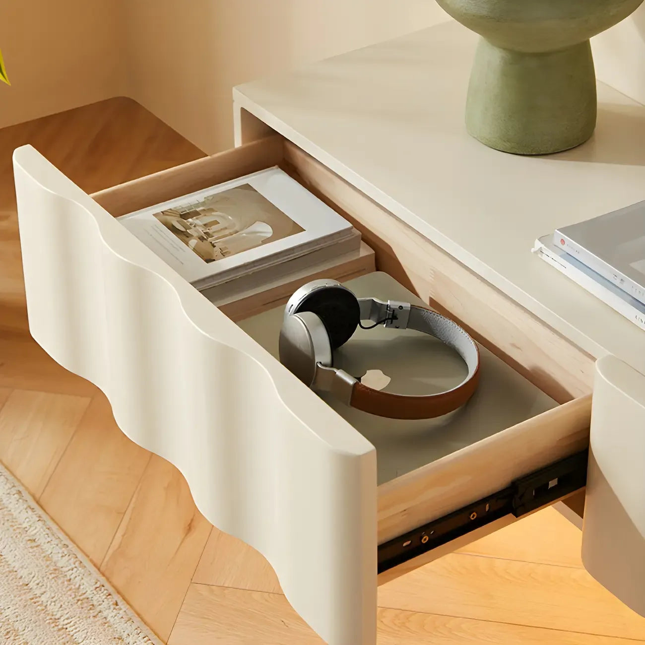 Contemporary White Wood Floating Wave TV Stand with Drawers