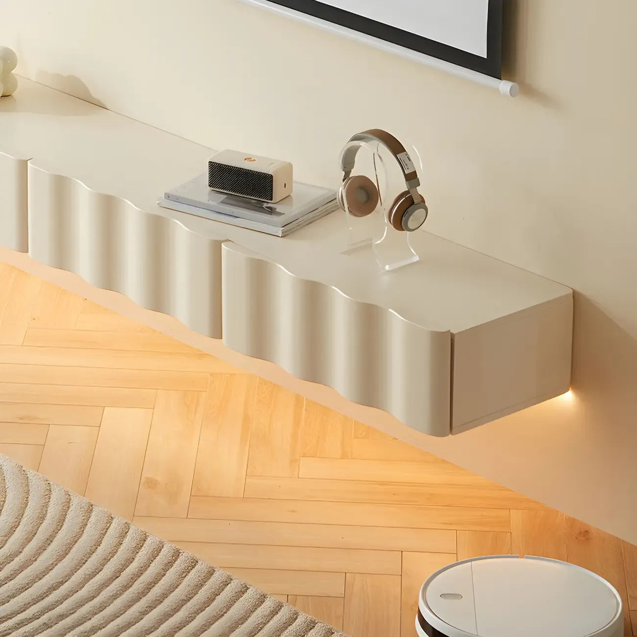 Contemporary White Wood Floating Wave TV Stand with Drawers