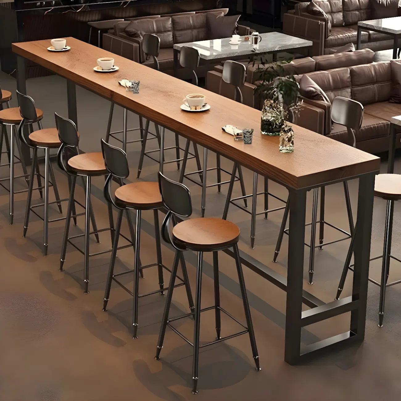 Industrial Brown Pine Wooden Metal Trestle Bar Tables