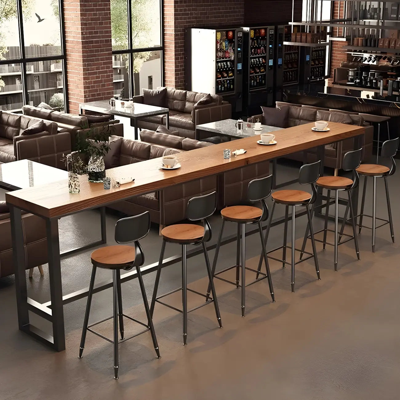 Industrial Brown Pine Wooden Metal Trestle Bar Tables