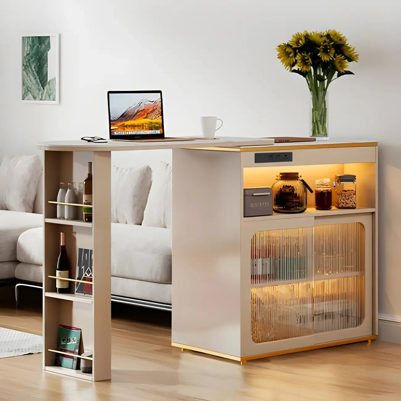 Modern Stone Bar Table with Wood Double Pedestal and Storage