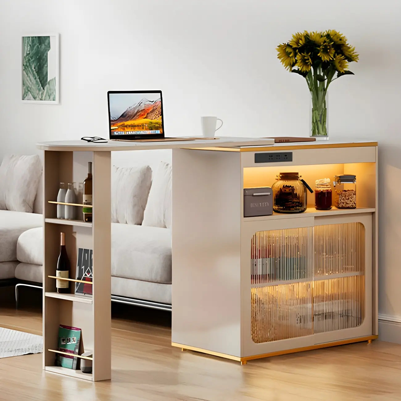 Modern Stone Bar Table with Wood Double Pedestal and Storage