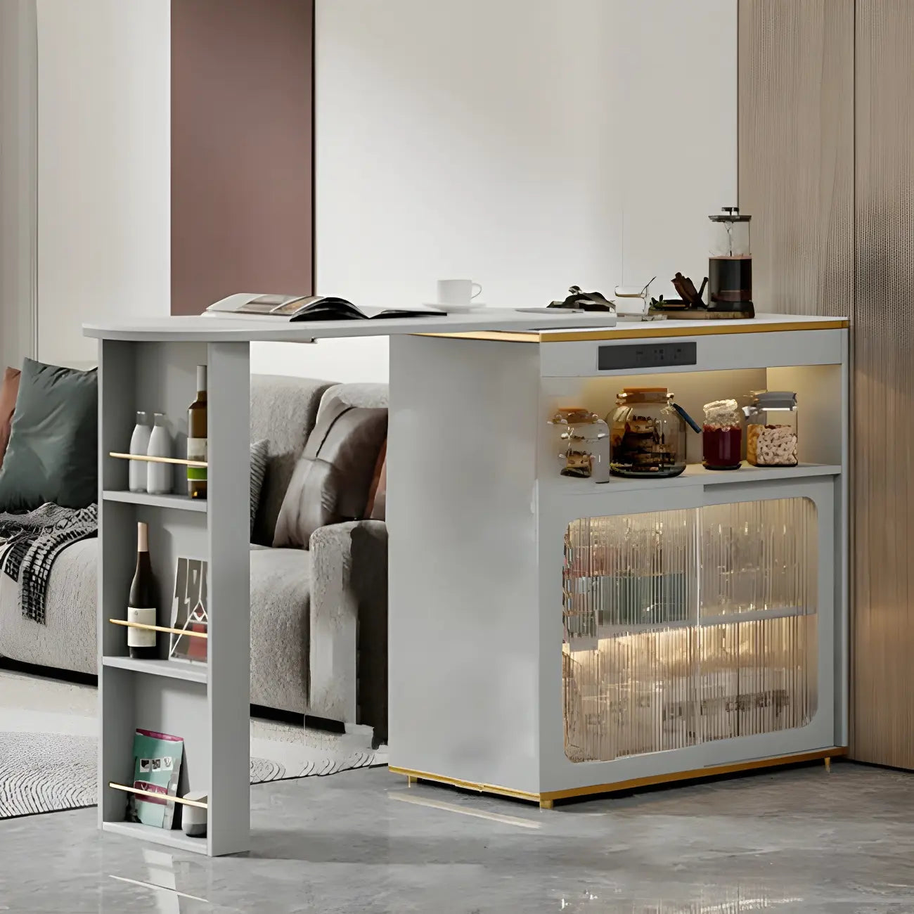 Modern Stone Bar Table with Wood Double Pedestal and Storage