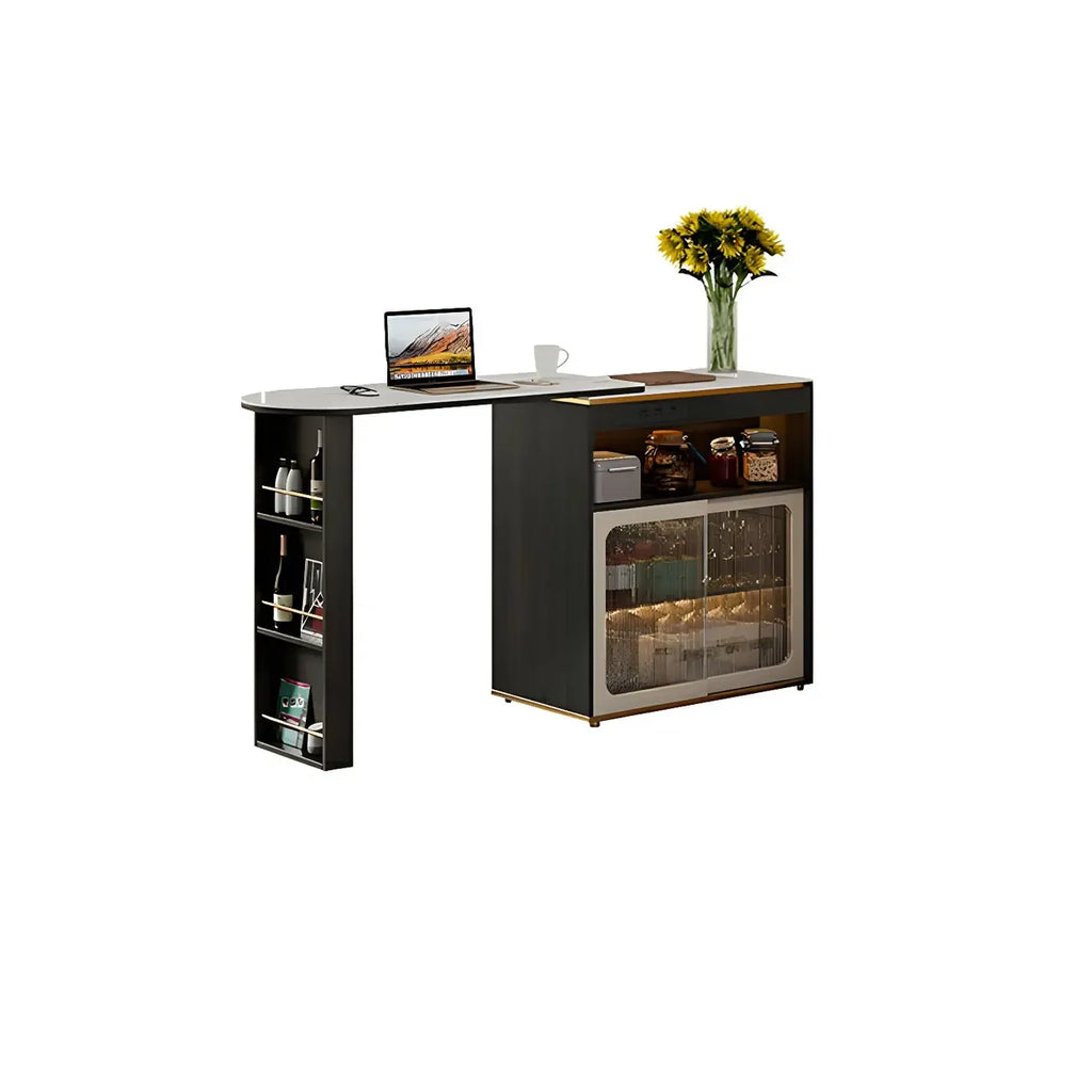 Modern Stone Bar Table with Wood Double Pedestal and Storage