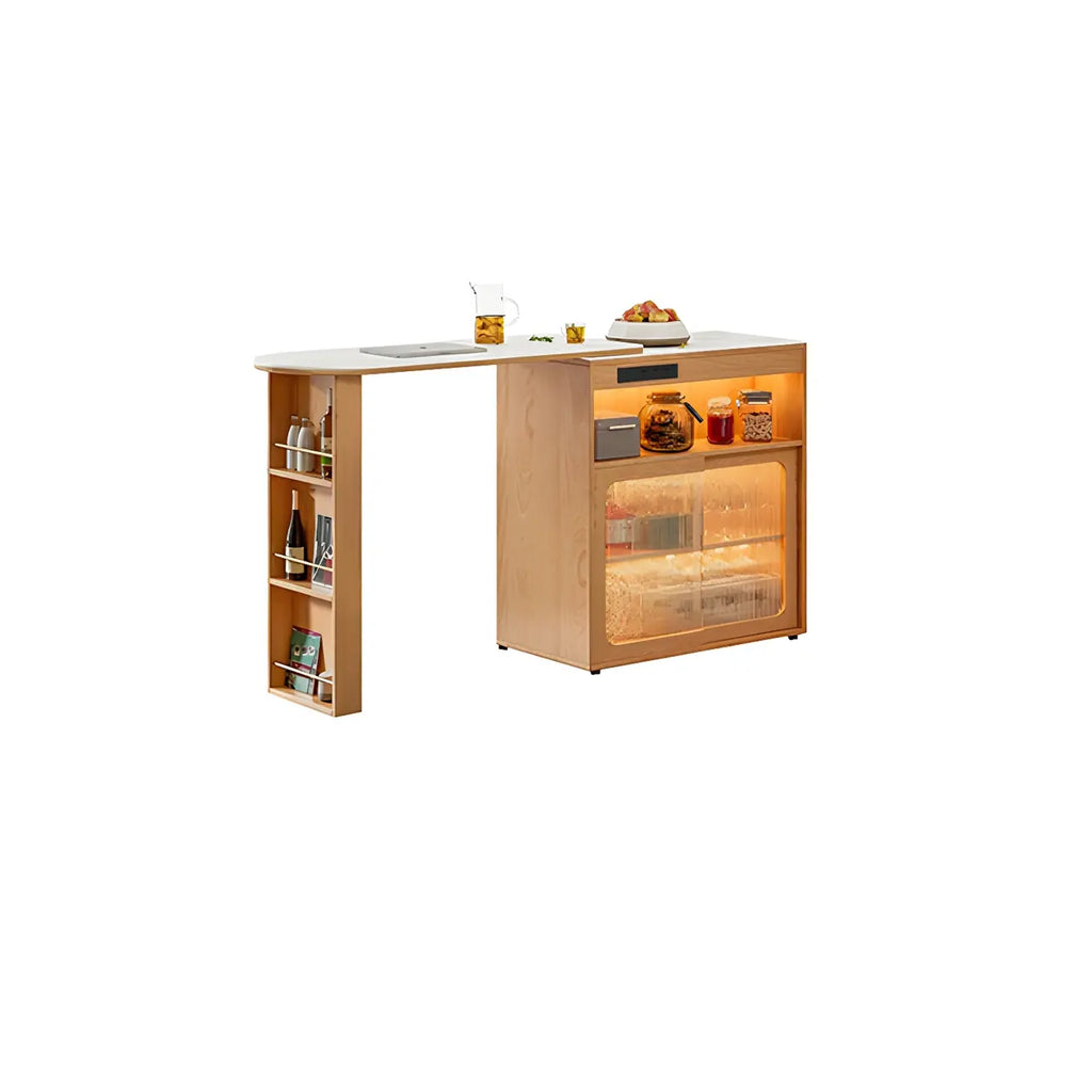 Modern Stone Bar Table with Wood Double Pedestal and Storage