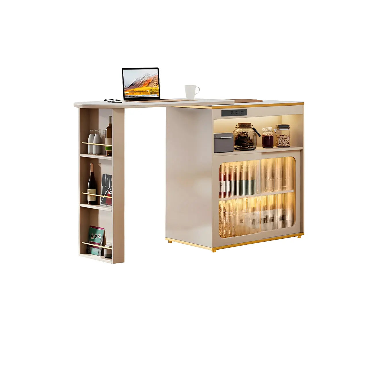 Modern Stone Bar Table with Wood Double Pedestal and Storage
