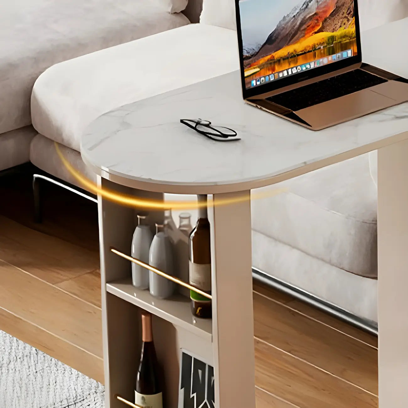 Modern Stone Bar Table with Wood Double Pedestal and Storage