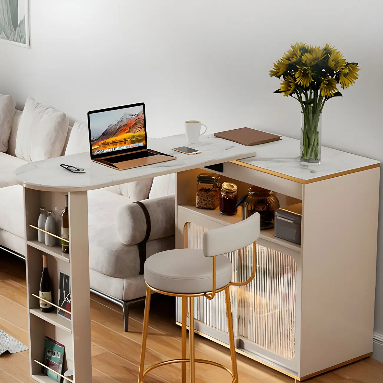 Modern Stone Bar Table with Wood Double Pedestal and Storage
