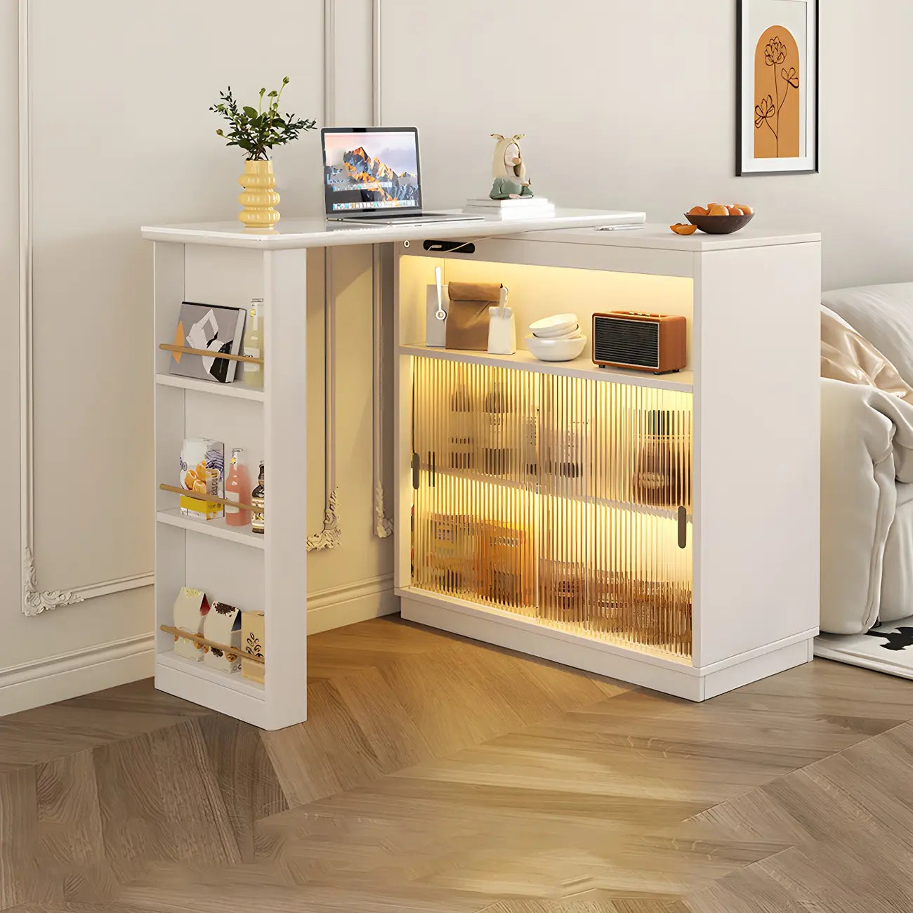 Natural Wood Glass Storage Socket Extendable Bar Tables