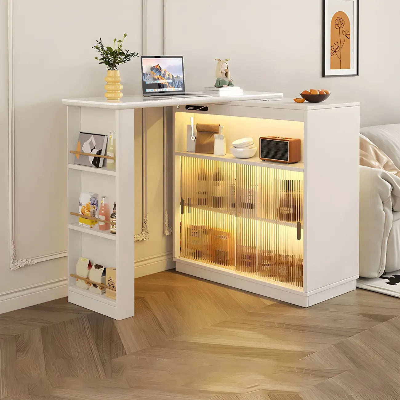 Natural Wood Glass Storage Socket Extendable Bar Tables