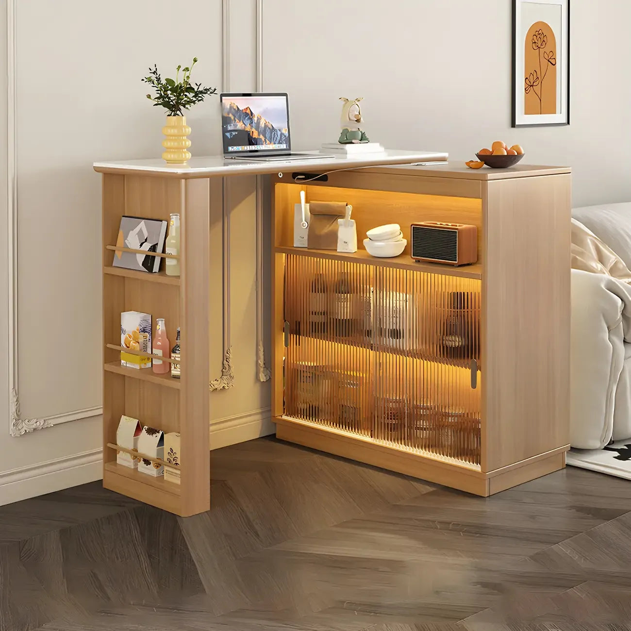 Natural Wood Glass Storage Socket Extendable Bar Tables
