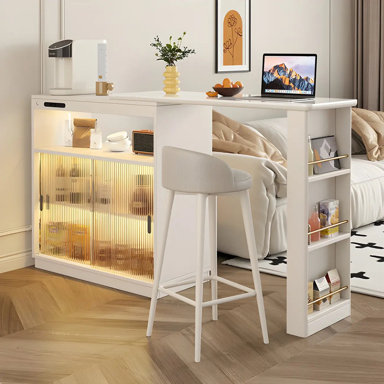 Natural Wood Glass Storage Socket Extendable Bar Tables