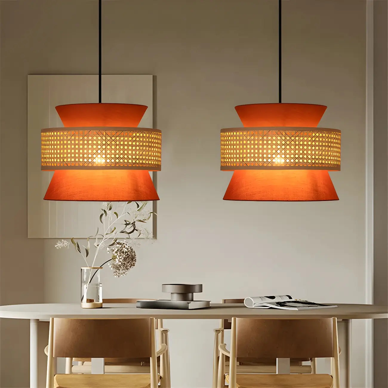 Boho Woven Modern Drum Cylinder Chandelier Adjustable Height