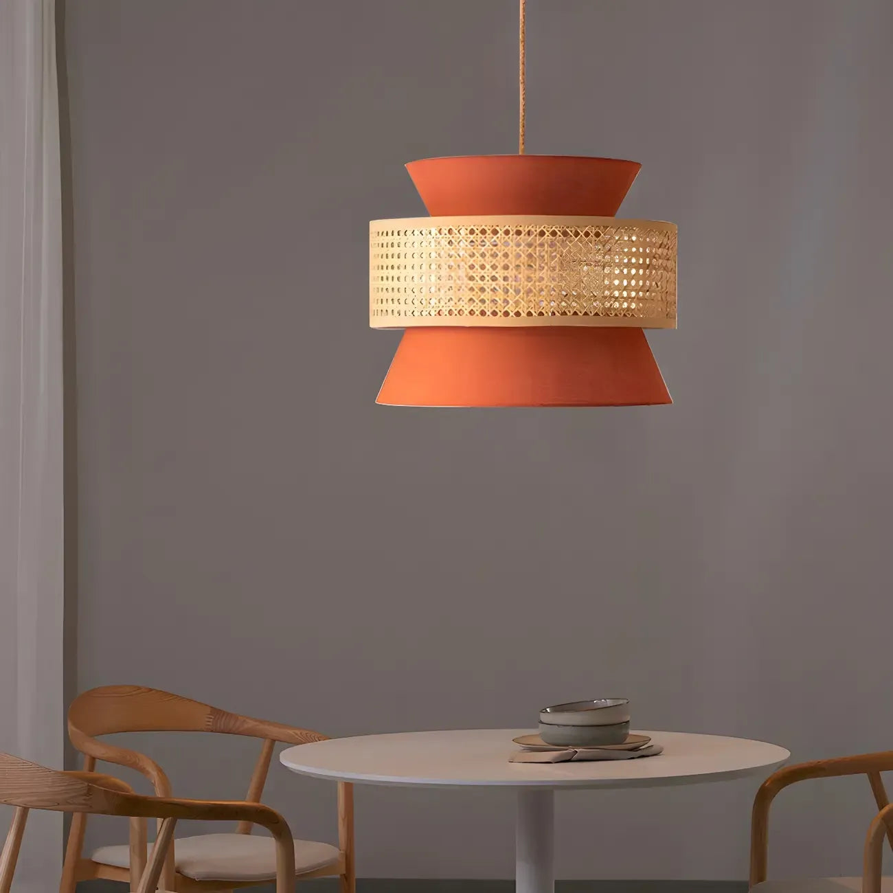 Boho Woven Modern Drum Cylinder Chandelier Adjustable Height