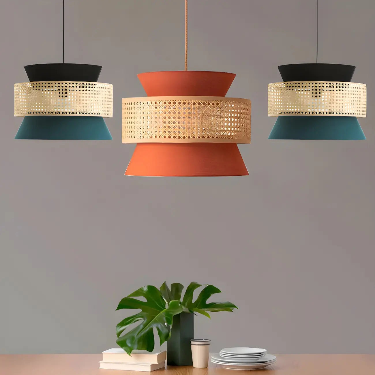 Boho Woven Modern Drum Cylinder Chandelier Adjustable Height