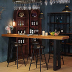 Industrial Brown Pine Rectangular Bar Table with Metal Sled Base