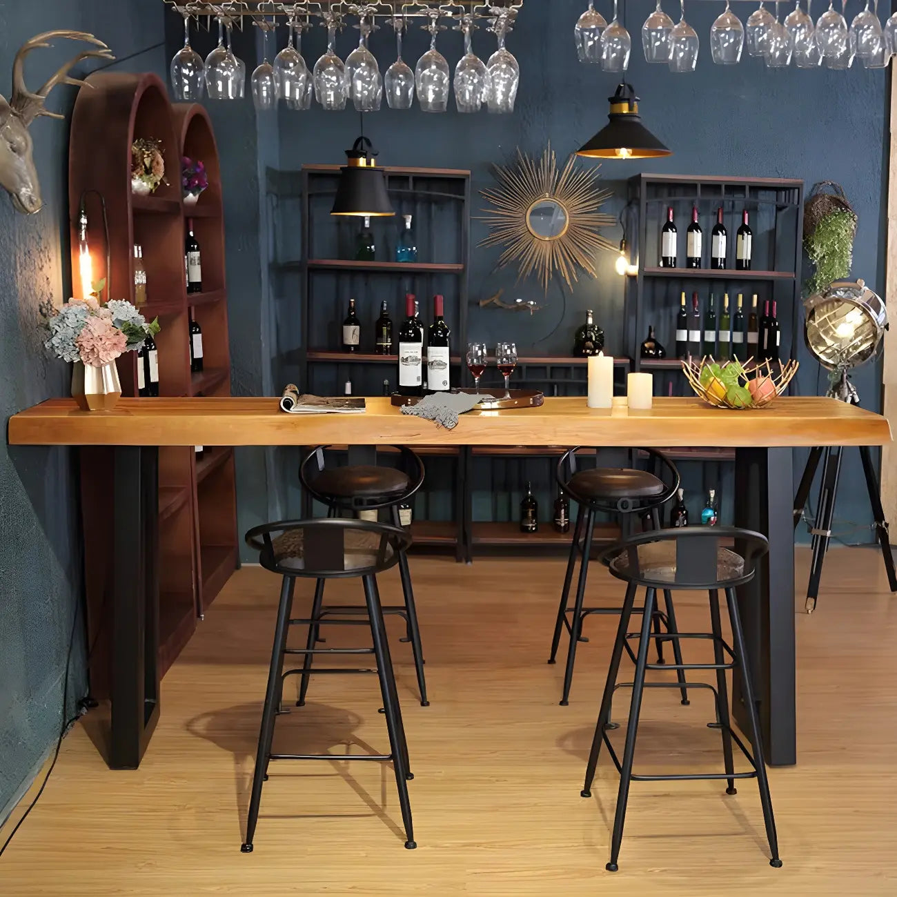 Industrial Brown Pine Rectangular Bar Table with Metal Sled Base