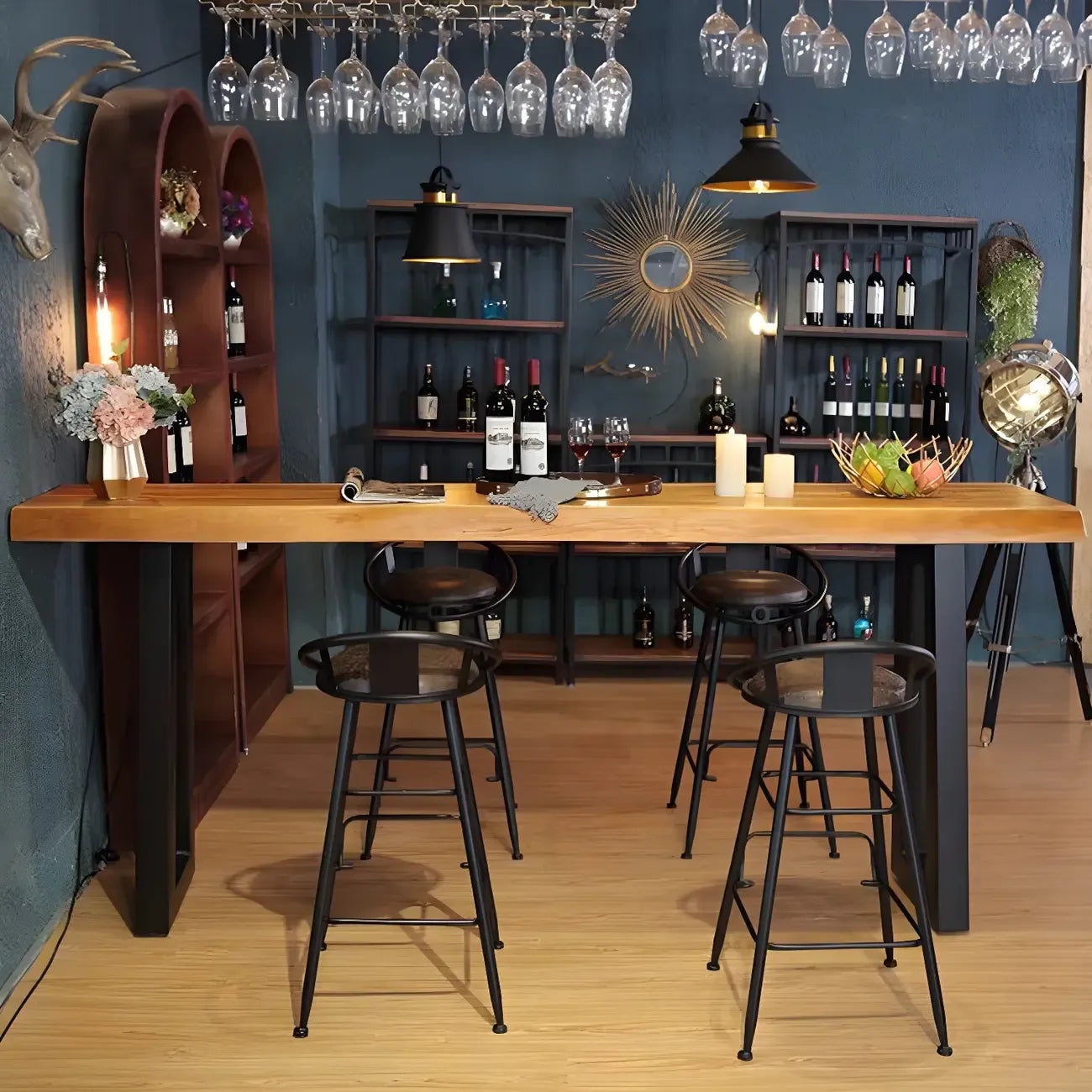 Industrial Brown Pine Rectangular Bar Table with Metal Sled Base