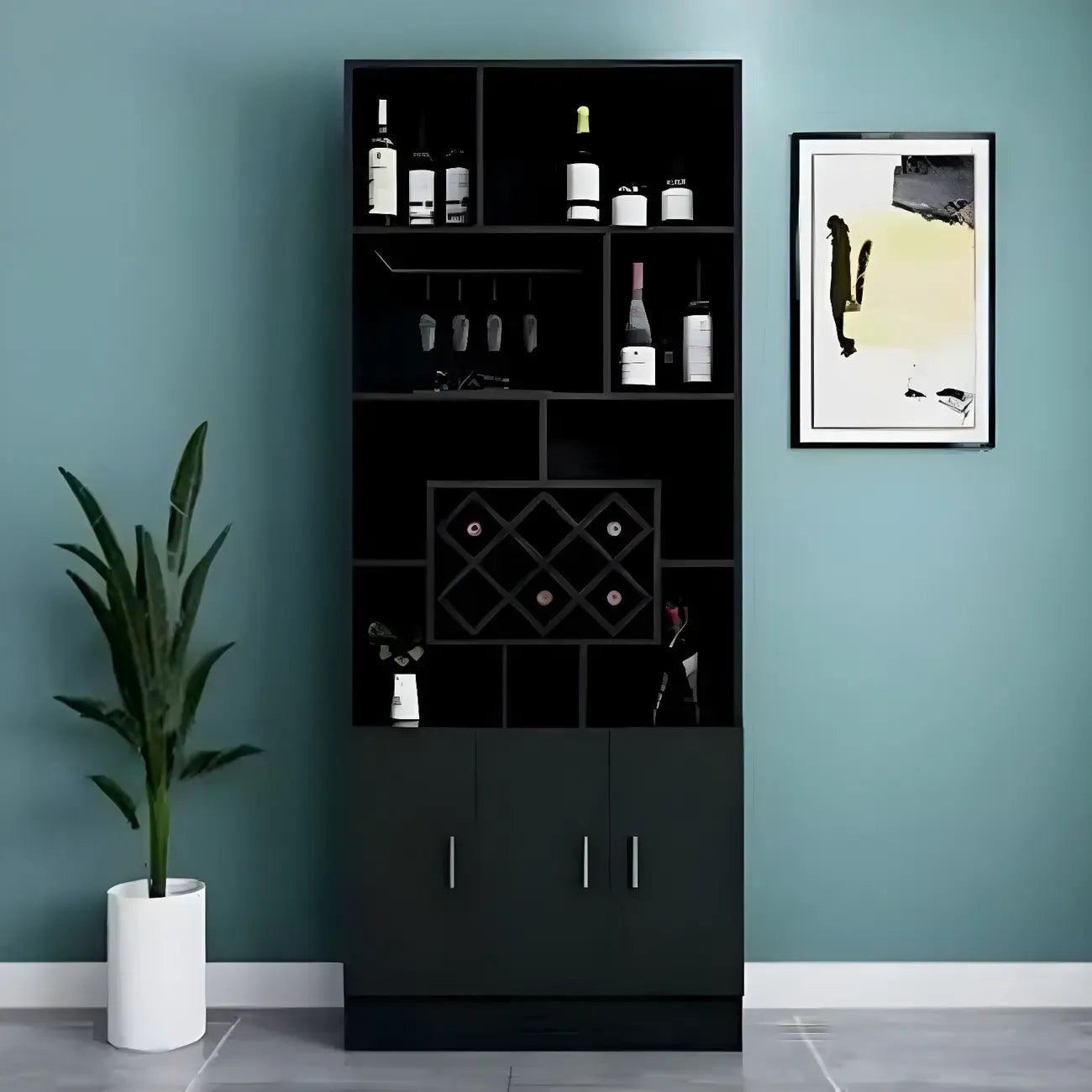 Black Modern Large Wooden Open Stackable Wine Cabinet