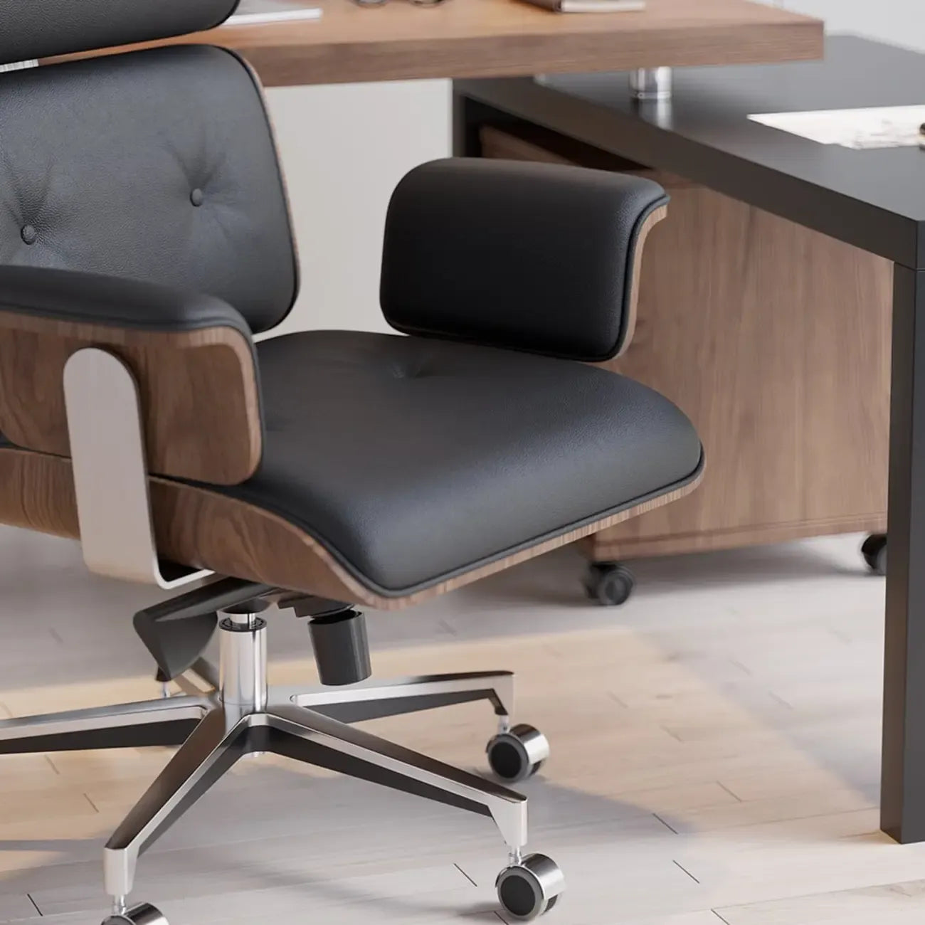 Modern Wood Leather Adjustable Swivel Black Executive Chair