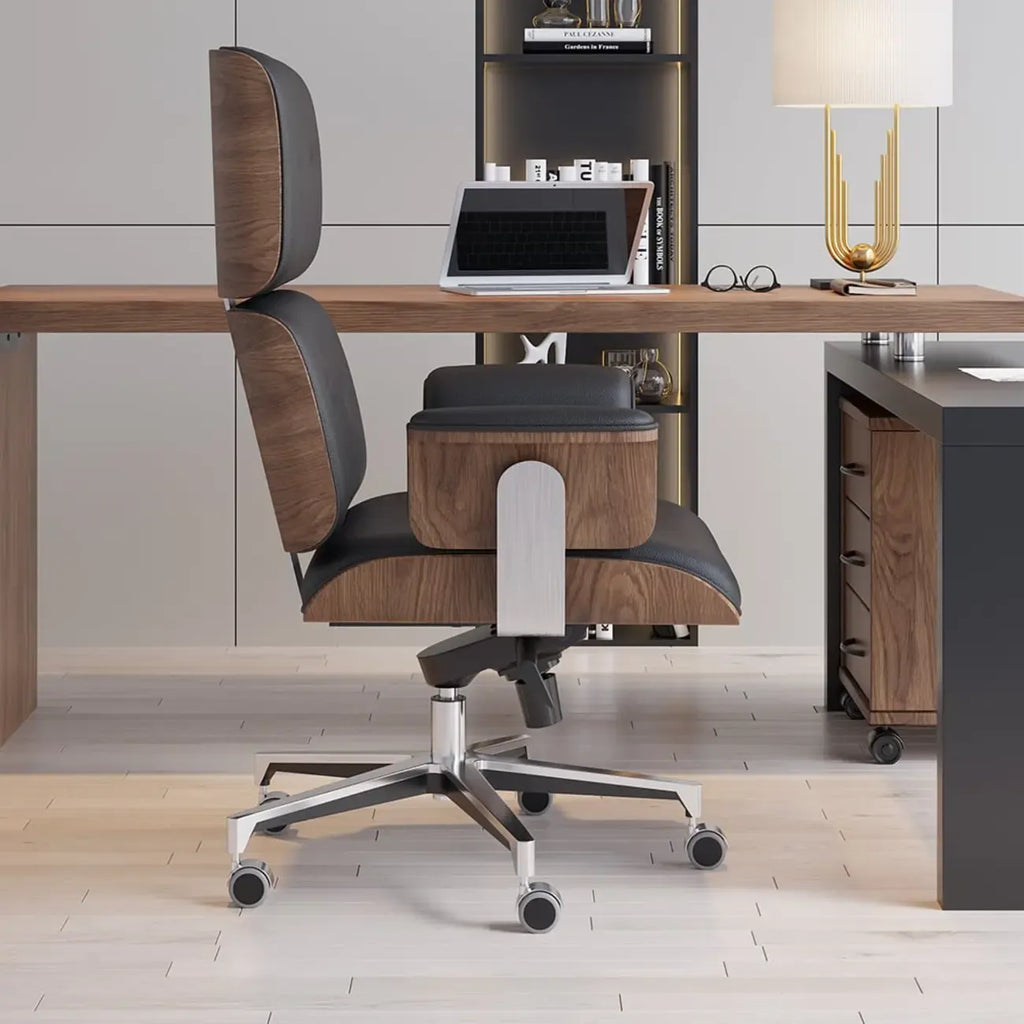 Modern Wood Leather Adjustable Swivel Black Executive Chair