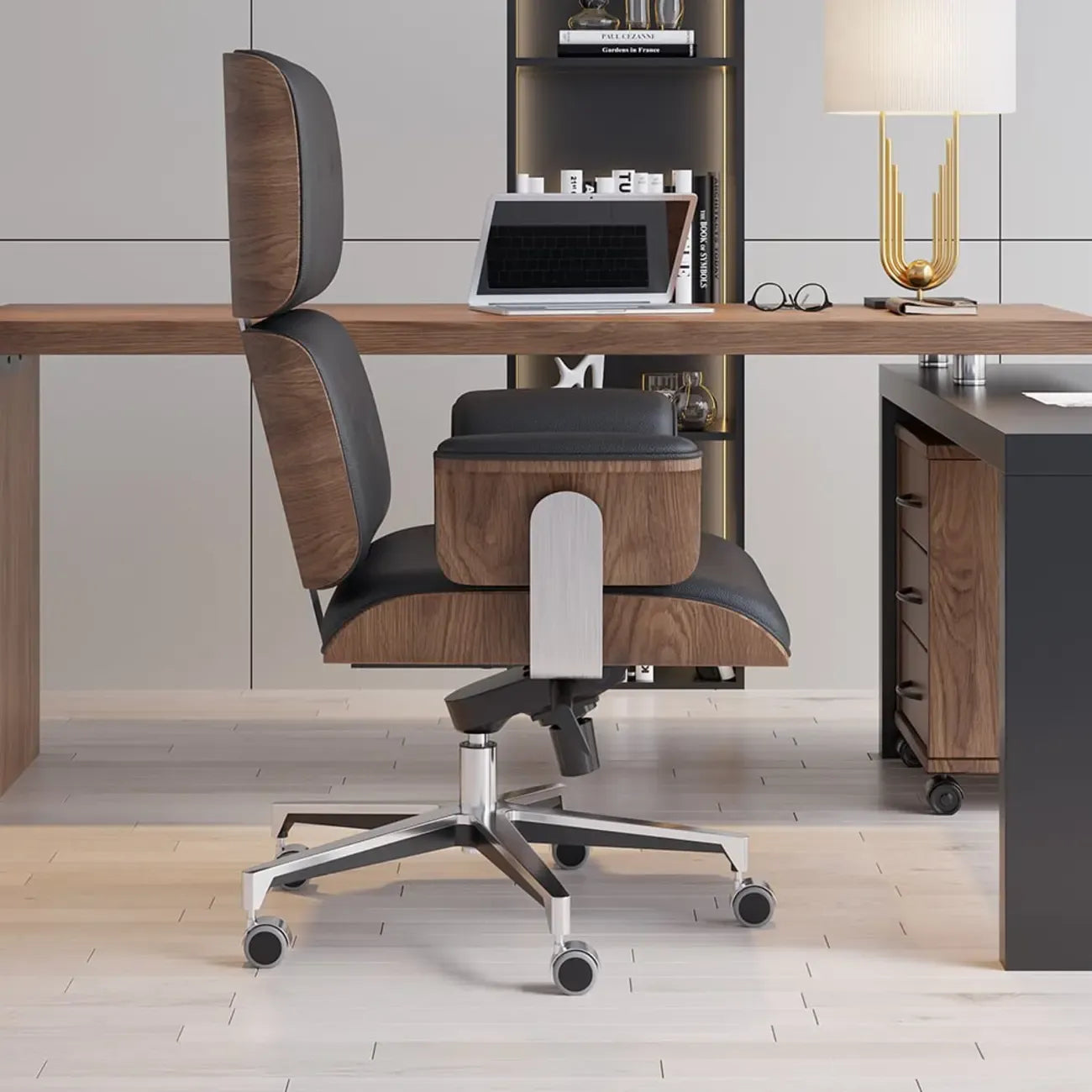 Modern Wood Leather Adjustable Swivel Black Executive Chair