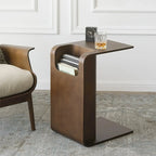Convertible C-Shaped Walnut Wood Side Table with Storage