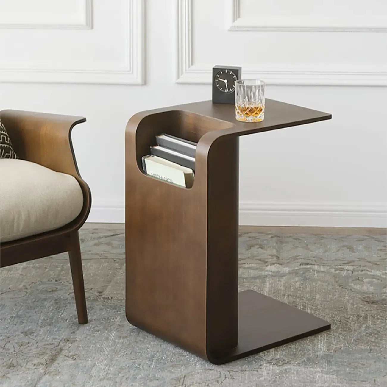 Convertible C-Shaped Walnut Wood Side Table with Storage